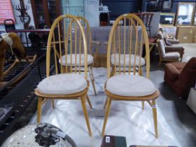 Set of 4 (2+2) ash and elm Ercol stick back dining chairs with natural coloured detachable cushions