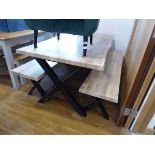 Modern picnic type dining suite comprising wood effect dining table on black crisscross base and 2