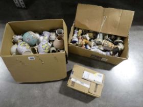 3 boxes of mixed collectibles incl. ceramic jugs and vases, small blue and white vases and large