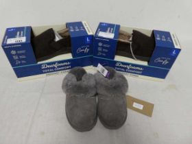+VAT 2 pairs of boxed mens Dearfoams memory foam slippers in brown (size 10-11) with unboxed pair of