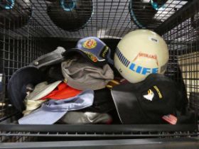 Bag containing vintage hats incl. Canada motorcycle helmet, Metallica motorcycle helmet, WWE Stone