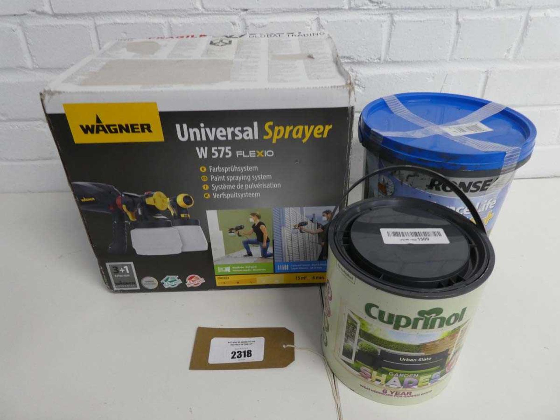 +VAT Boxed Wagner W575 universal sprayer with 5L tub of Ronseal fence paint in charcoal grey and 2.