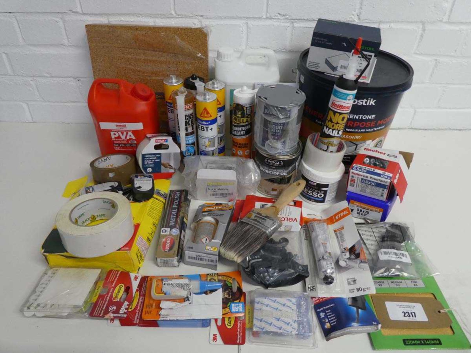+VAT Large quantity of assorted adhesives, glues, fastenings and fixings incl. 5L tub of Bostik