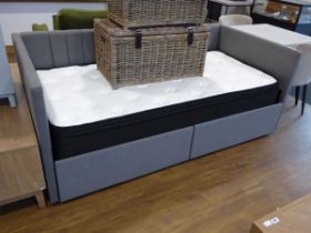 Grey upholstered single bed with 2 drawers to base and memory foam mattress