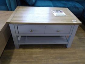 Modern light grey coffee table with double ended drawer and light oak effect surface