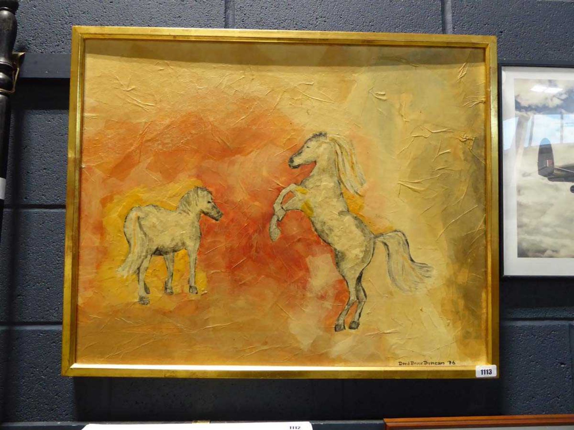 Gilt framed collage painting of 2 horses titled, 'Gemini Stallions', signed, 'David Bruce Duncan '