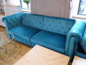 Modern teal suede button back upholstered sofa (converts into bed)