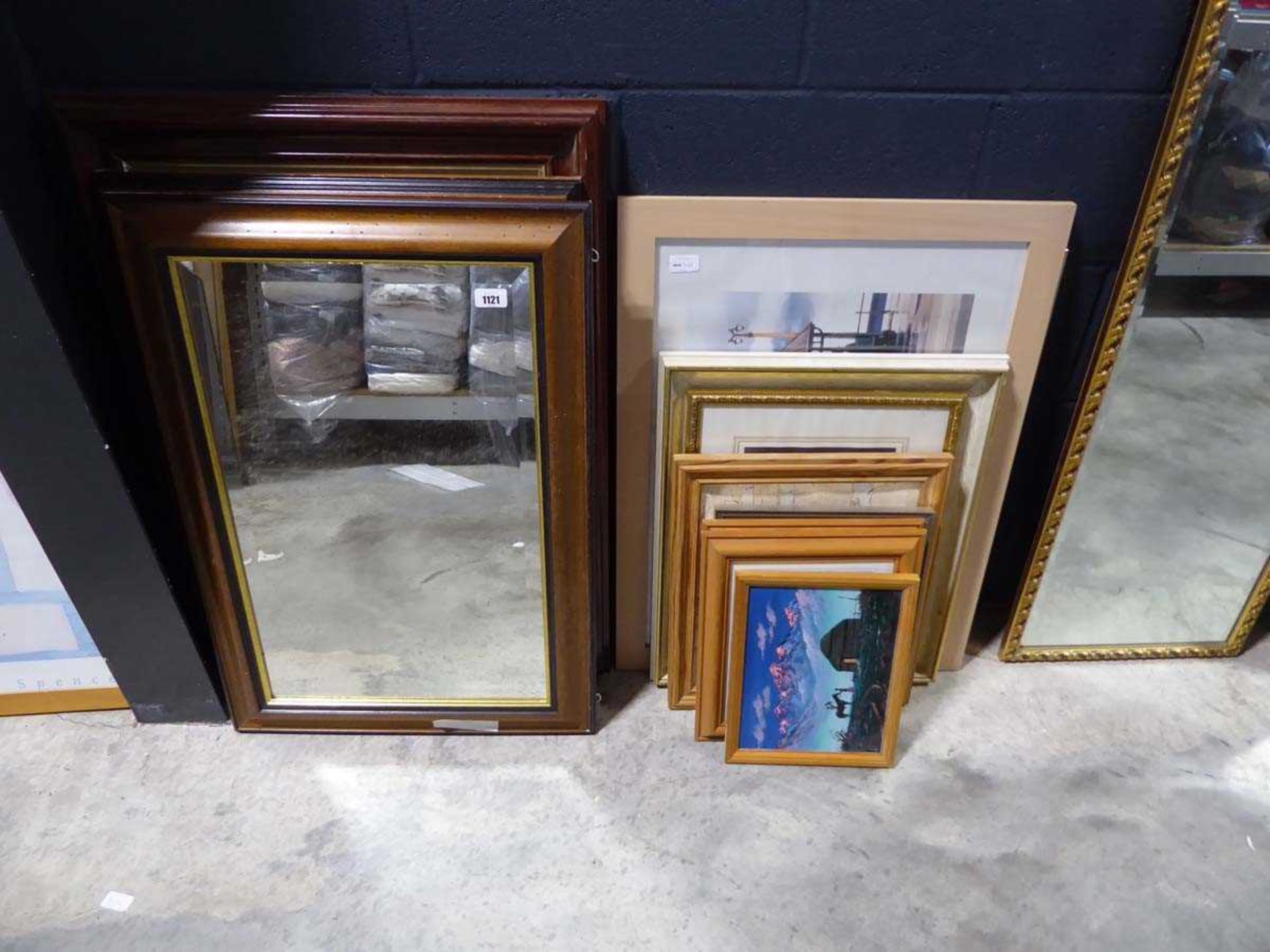 3 wall mirrors with wooden frames with Jack Vettriano print, a M Davie artwork and 7 further