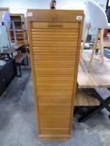 Mid-century honey oak tambour fronted filing unit (key in front office)