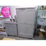 Modern grey bedroom suite comprising a double door wardrobe with single drawer and matching chest of