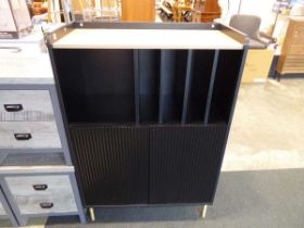 Black record cabinet with ribbed door fronts and open fronted record storage section