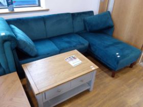 Modern teal coloured suede upholstered 'L' shaped corner sofa (converts into bed)