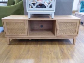 Modern light oak finish entertainment unit with 2 rattan fronted doors