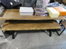 Modern picnic type dining table with wood effect surface on crisscross black base and 2 matching