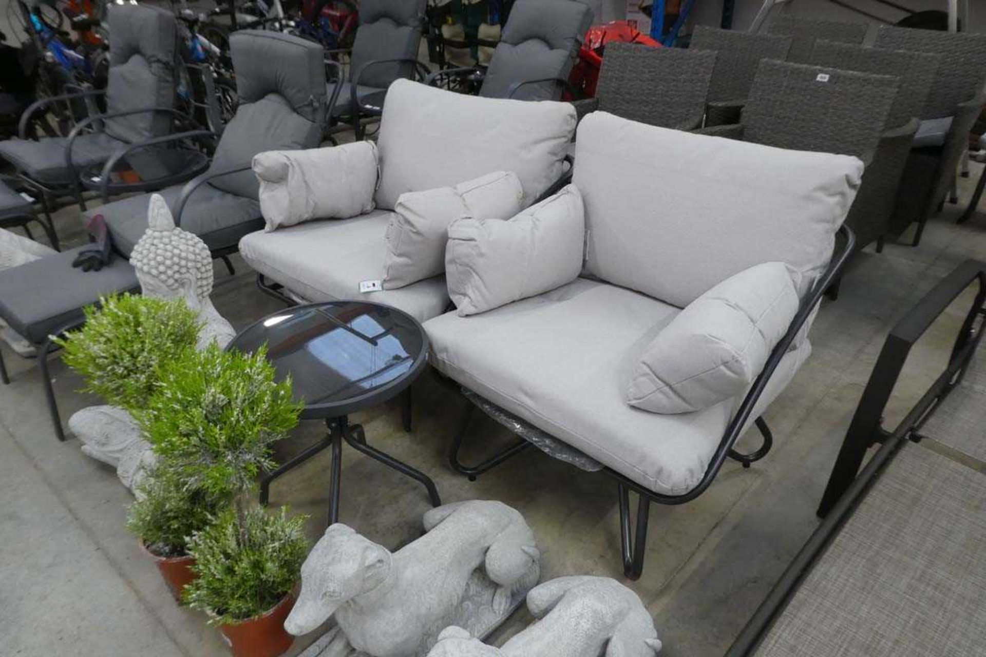 Aluminium framed outdoor 3 piece bistro set comprising 2 armchairs (each with light grey cushions)