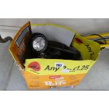 240V twin light tripod work light with box of mixed electricals