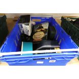Crate containing mixed fishing tackle, books, spools, scales, etc.