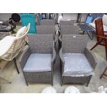 Set of 6 grey rattan garden armchairs (each with light grey cushions)