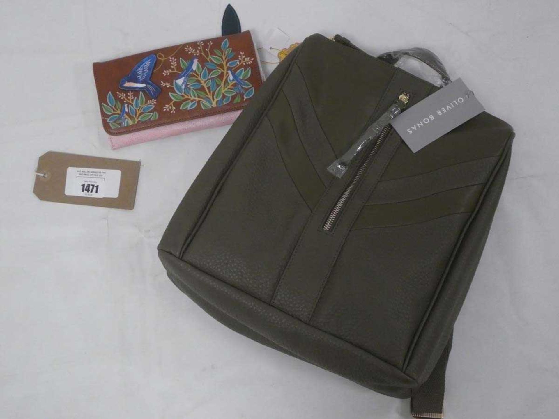 +VAT Oliver Bonas chevron khaki green backpack together with House of Disaster secret garden purse