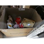 Box containing various ceramics including Le Creuset stoneware, teapot, vases, together with a