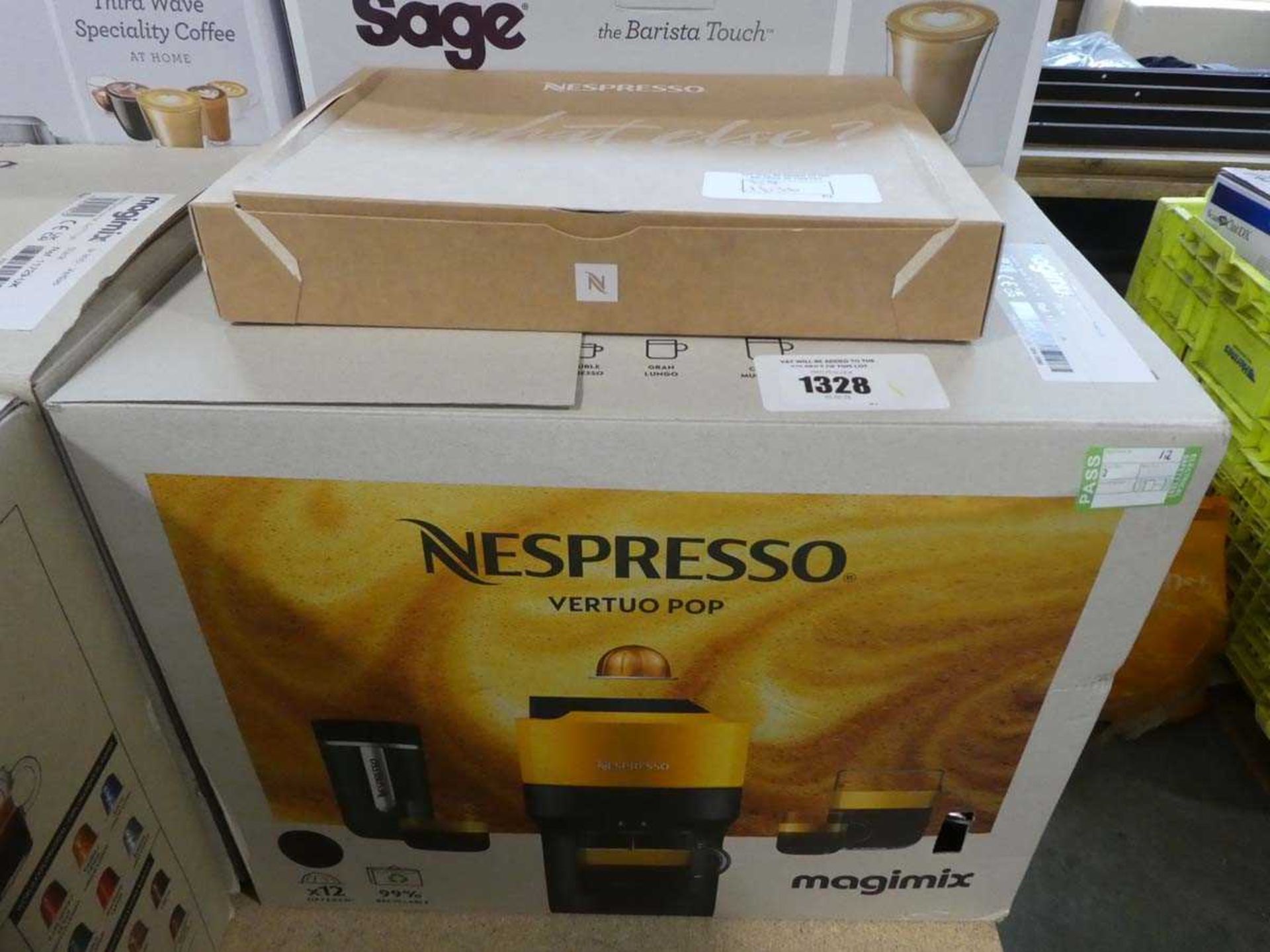 +VAT Nespresso Vertuo Pop boxed coffee machine with box of Nespresso pods