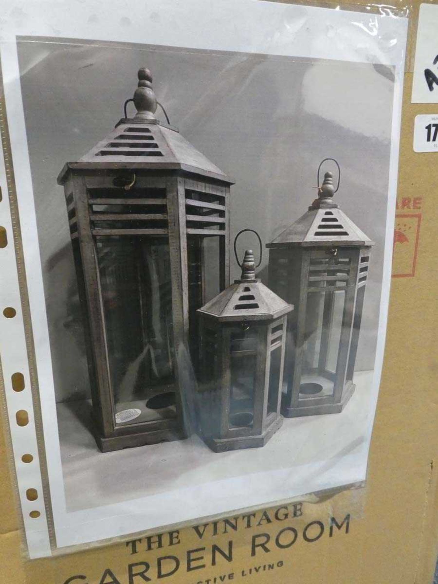 Boxed set of 3 Vintage Garden Room slate grey wooden lanterns