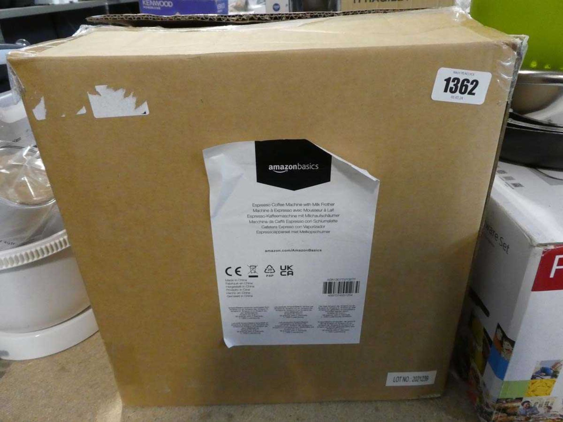 Boxed Amazon Basics Espresso coffee machine with milk frother