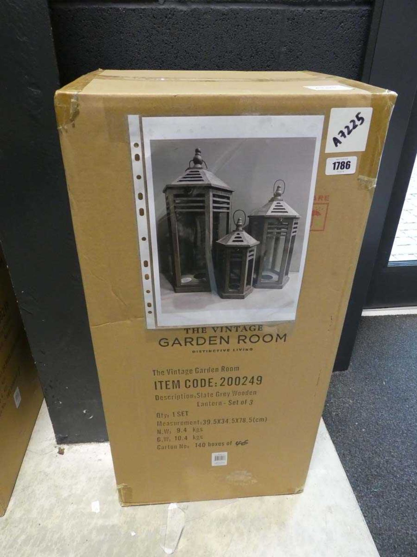 Boxed set of 3 Vintage Garden Room slate grey wooden lanterns