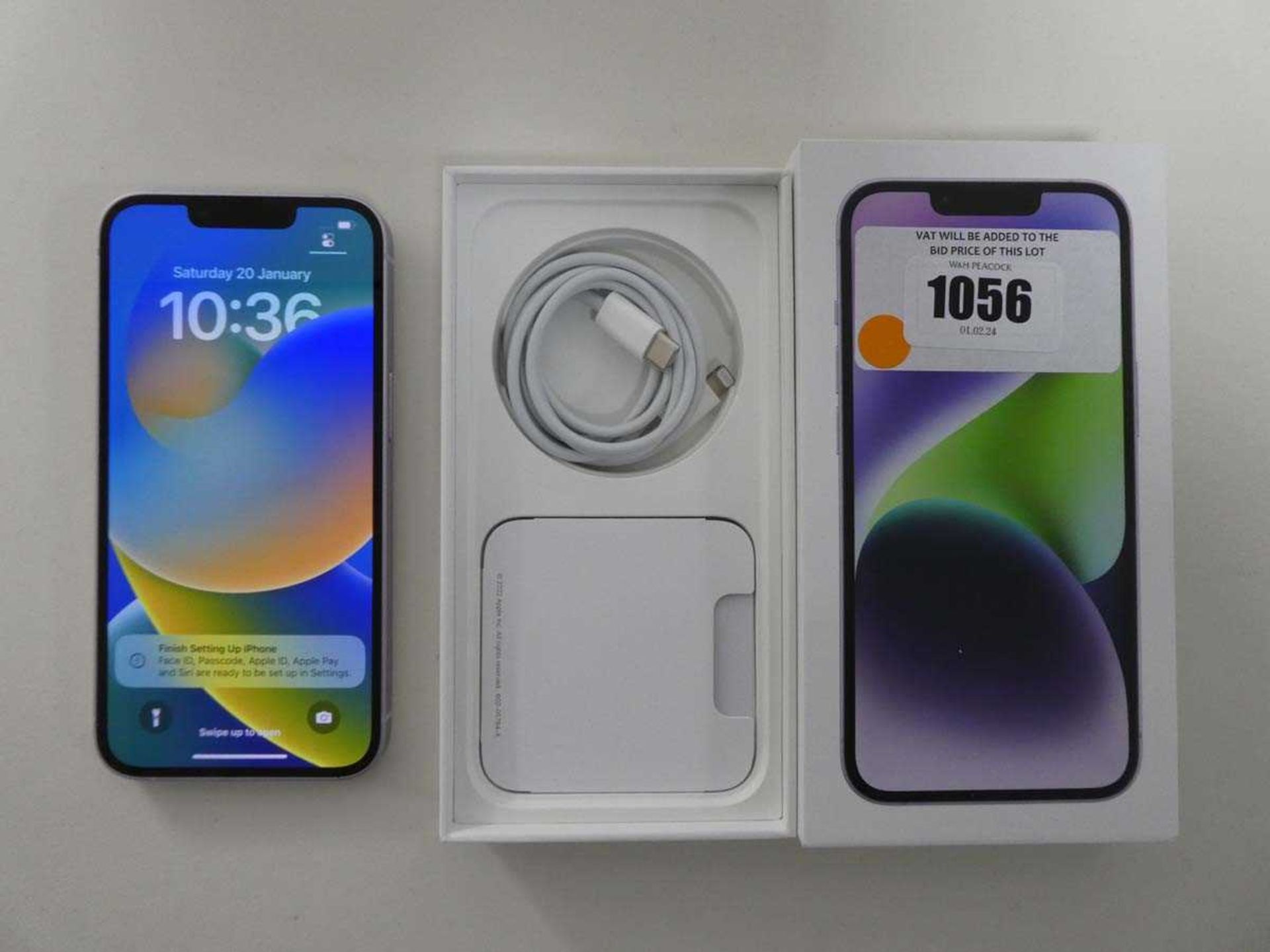 +VAT Boxed iPhone 14 in purple with 128GB capacity and charging cable (MPV03ZD/A)