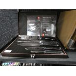 Damascus style 5 piece knife set, in wooden case