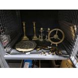 Cage containing a small quantity of brass ornaments, including 2 pairs of candlesticks, a lizard