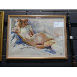 Framed and glazed painting of female reclining nude by Bridget Woods