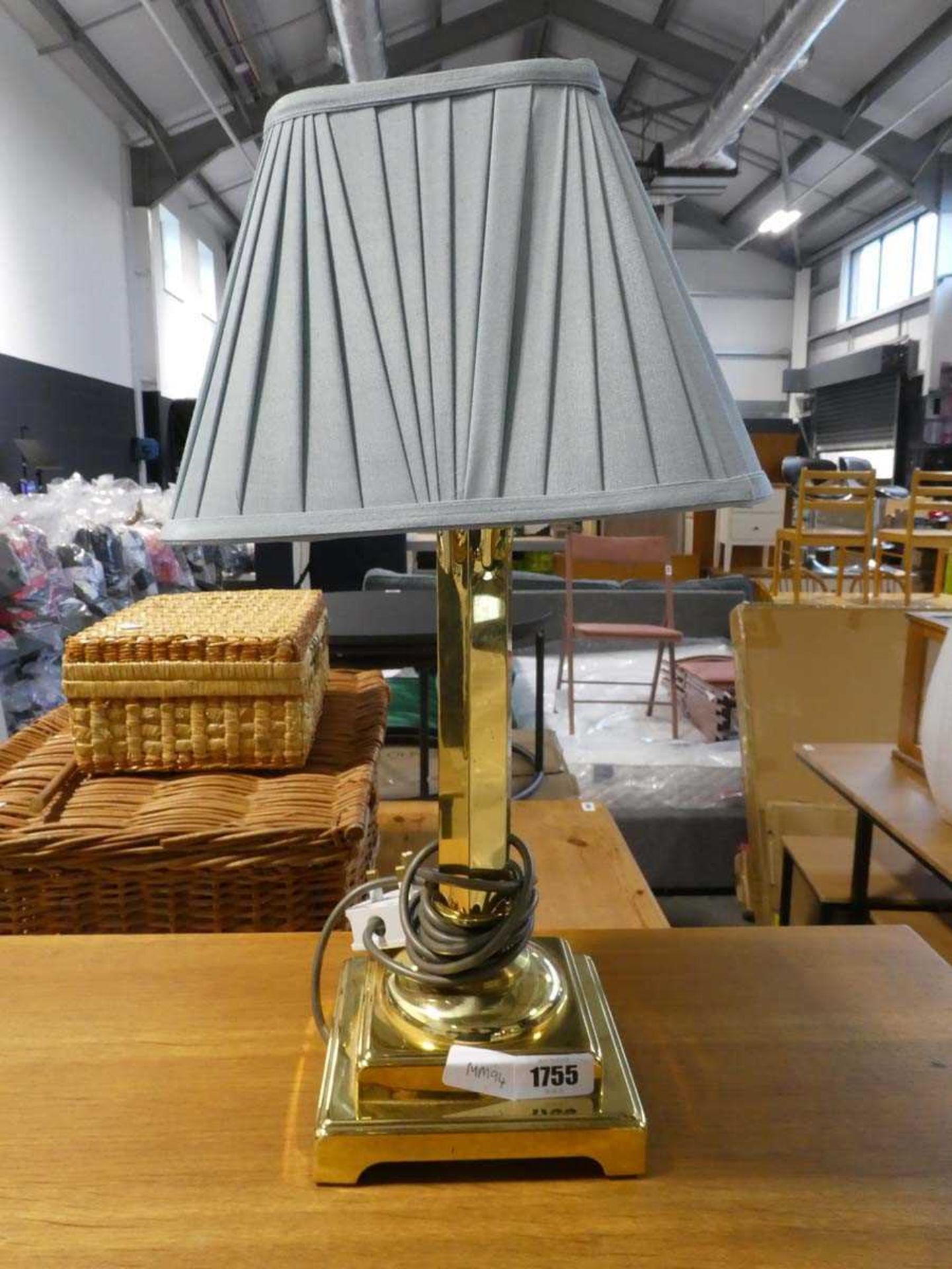 Modern brass column shaped table lamp base with ruffled green shade