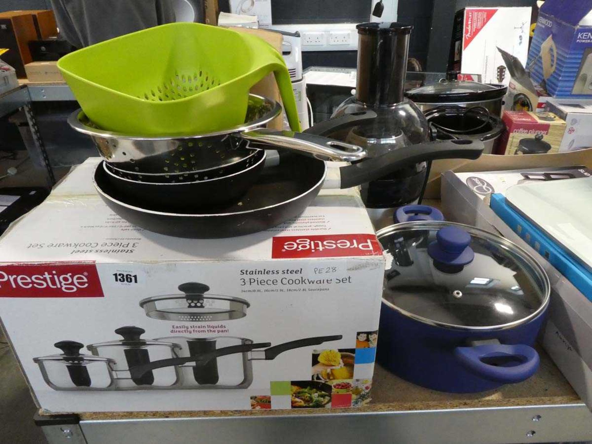 Boxed stainless steel 3 piece cookware set, together with various cookware
