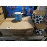 Box containing 6 Misprint Home milk jugs with tree design, together with 3 Scandi Spots kitchen