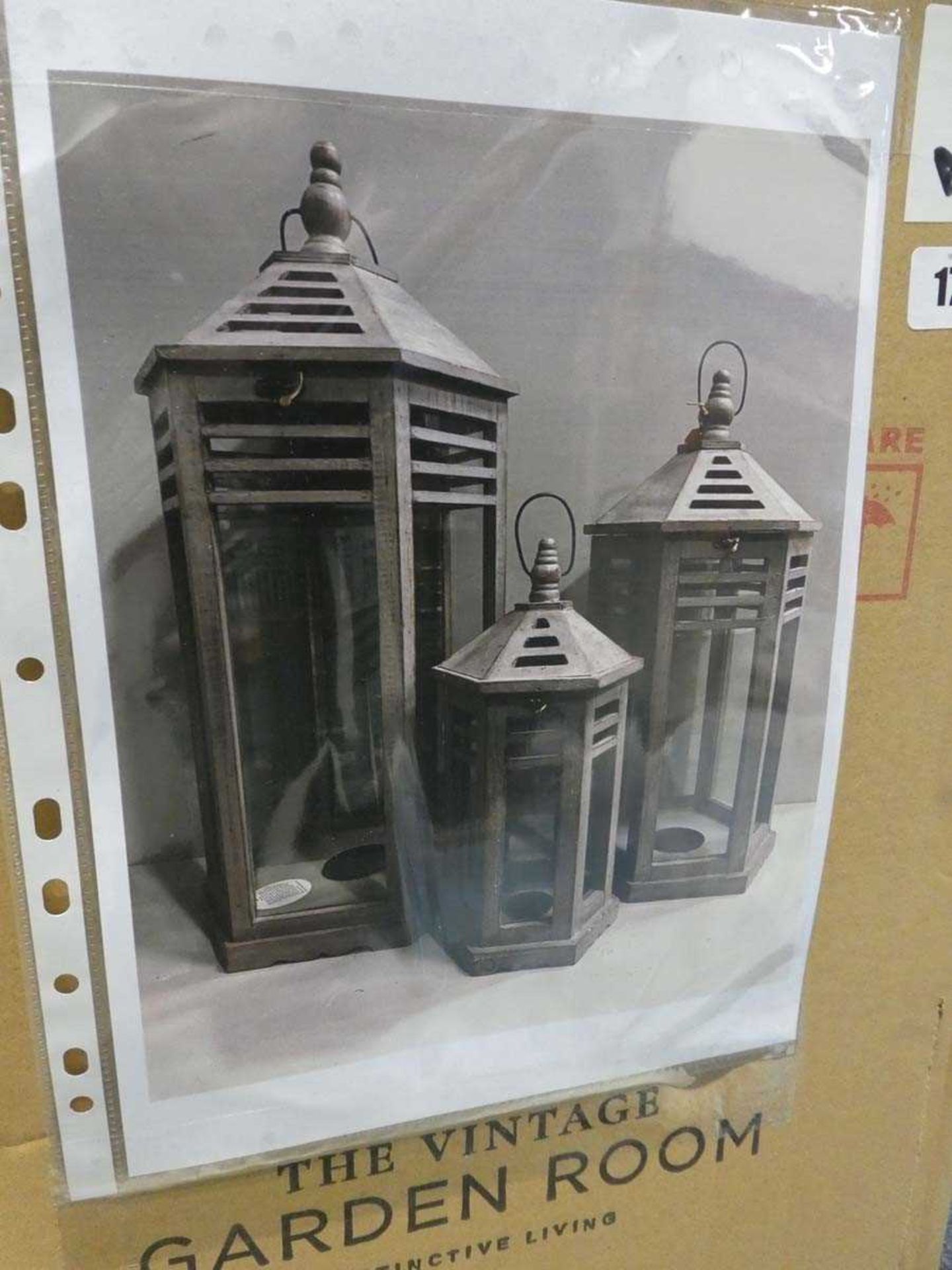 Boxed set of 3 Vintage Garden Room slate grey wooden lanterns