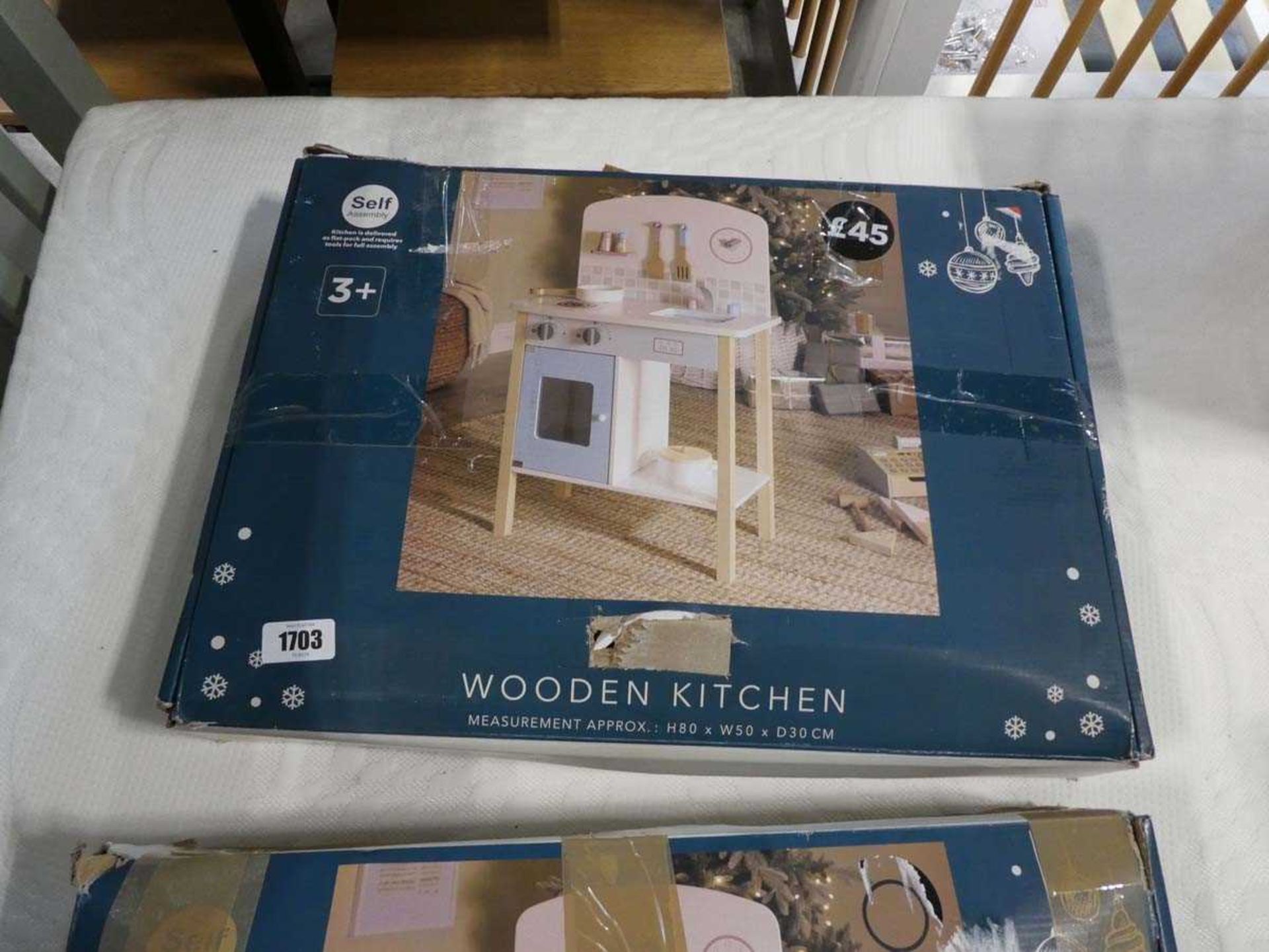 Boxed wooden play kitchen