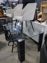Glass and black leatherette dining table with 4 dining chairs; 2 in black ash and 2 in natural
