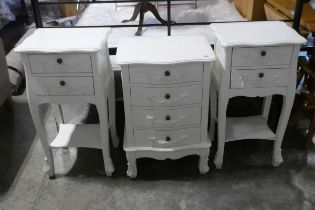 Modern white pair of 2 drawer decorative light stands with matching 4 drawer stand