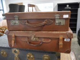 2 vintage brown leather suitcases