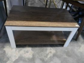 Modern white coffee table with 2 tier wood effect surface