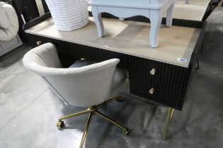 Modern black and pine effect dressing unit on brass coloured supports with natural suede upholstered