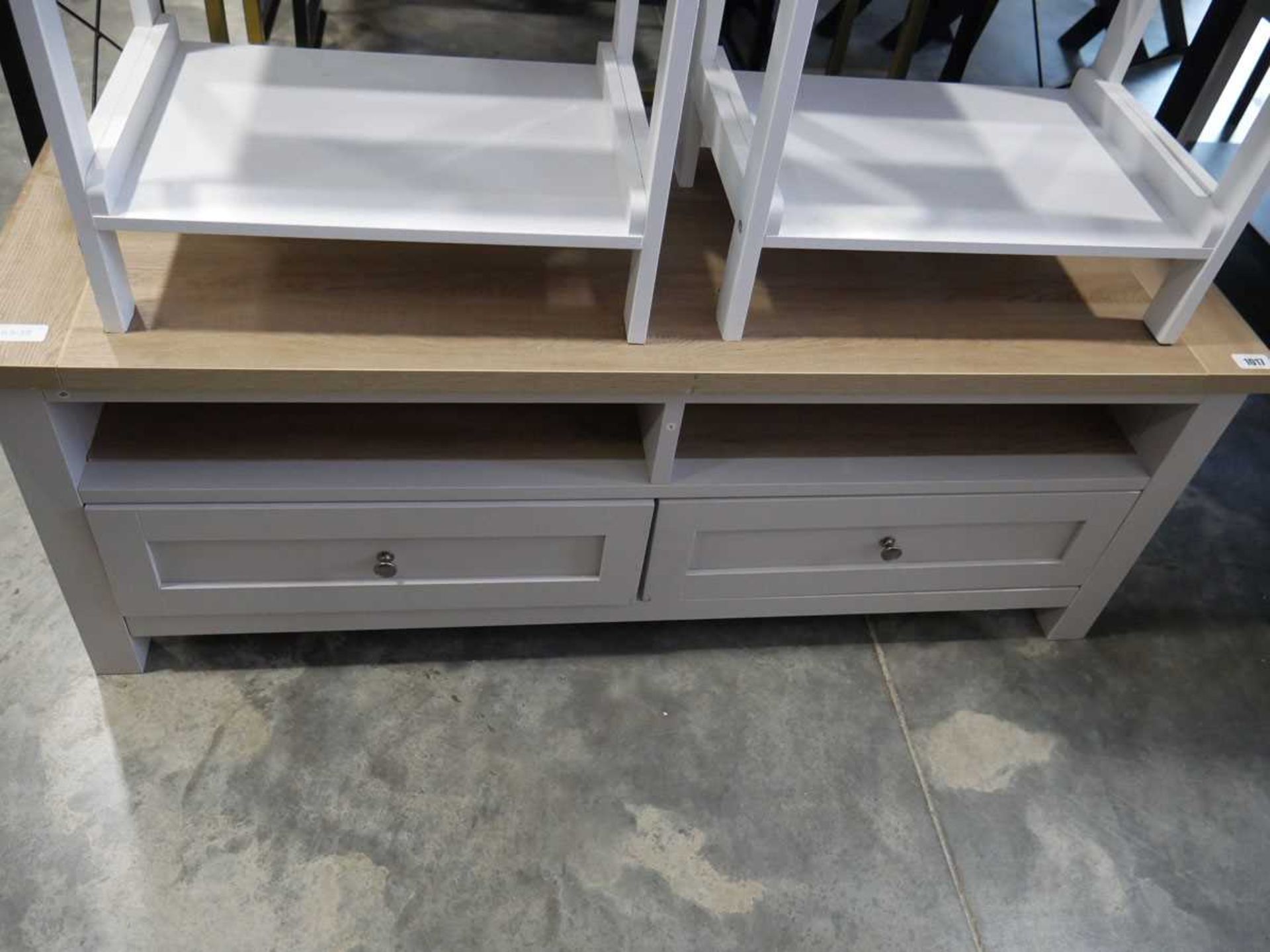 Modern grey 2 drawer entertainment stand with wood effect surface