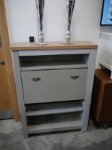Modern grey shoe storage unit with open front shelving and light oak effect surface Some chipping to