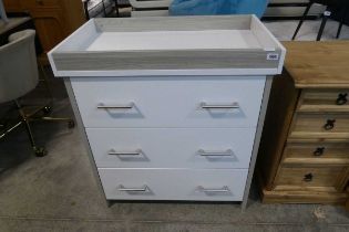 White and wood effect baby changing unit with 3 drawers