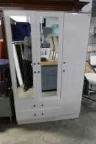 White and wood effect triple fronted wardrobe with 2 drawers and mirrored door fronts
