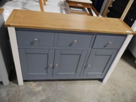 Modern slim grey and white sideboard with 3 drawers, 3 doors and light oak surface