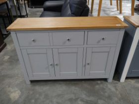 Modern slim grey sideboard with 3 drawers, 3 doors and light oak surface