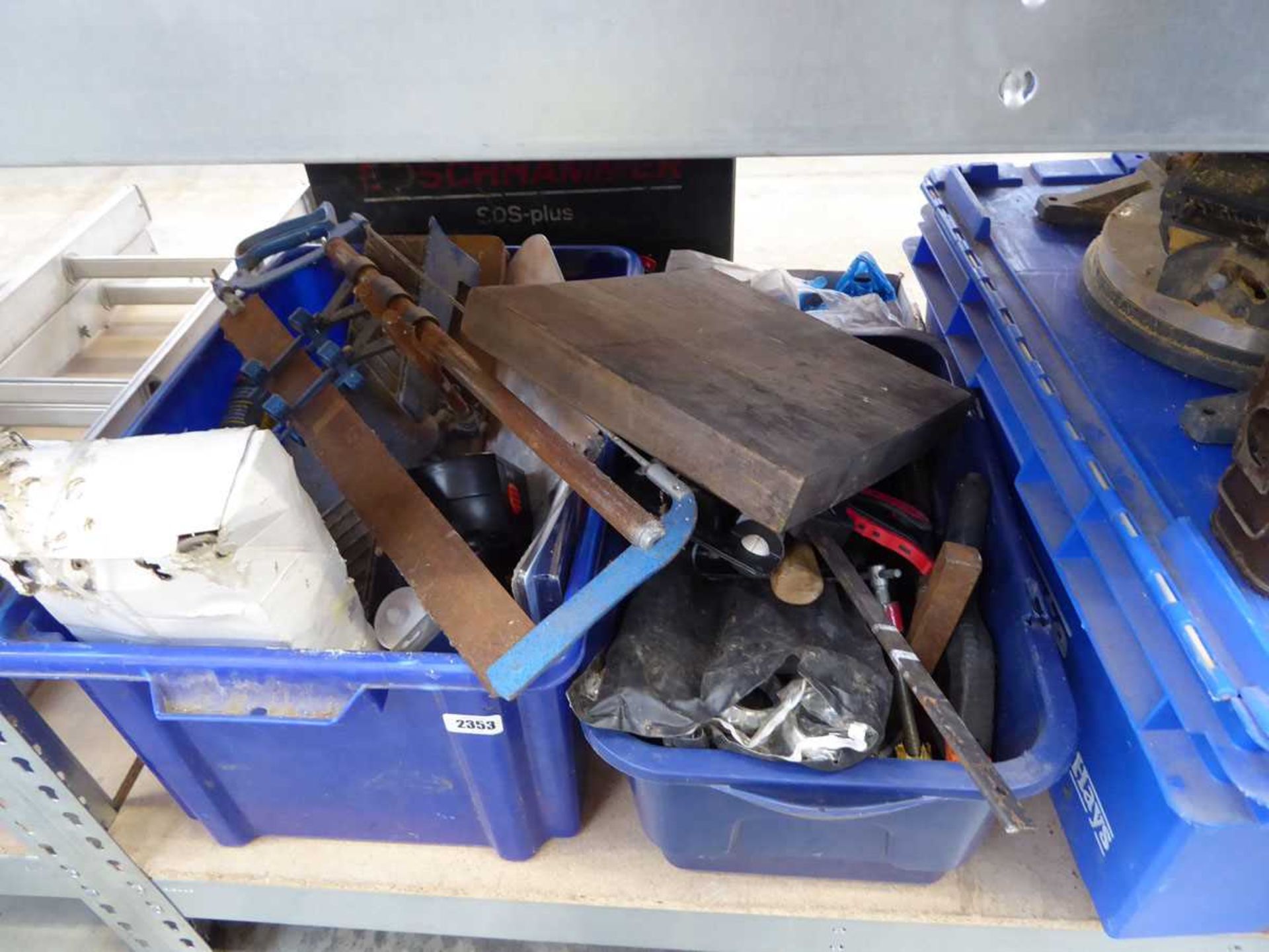 Bay containing 3 boxes of mixed tools incl. electric power tools, manual mitre saw, work mate, - Image 2 of 3