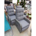 3 grey rattan garden armchairs each with matching grey button backed cushions